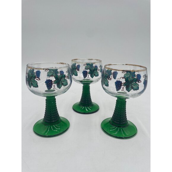 Vintage Luminarc France Wine Glass Set Of 3 With Grapevine Design & Green Stems - Picture 1 of 8